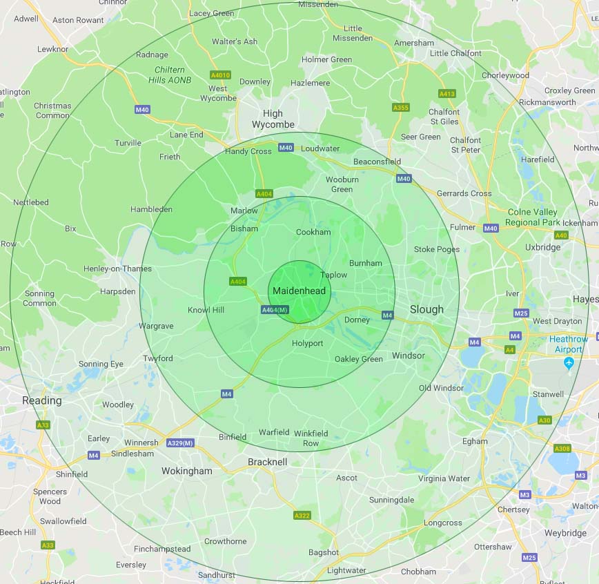 Maidenhead, Windsor, Marlow, Ascot, Cookham, Bourne End, Taplow, Burnham, Slough, Beaconsfield, Gerrards Cross, Chalfont St Giles, Chalfont St. Peter, Iver, Datchet, Fifield, Dorney, Bracknell, High Wycombe, Flackwell Heath, Wooburn, Stoke Poges